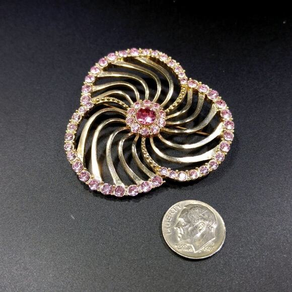Liz Claiborne Pink Rhinestone Openwork Brooch, 2 1/8 Inches - Picture 3 of 7